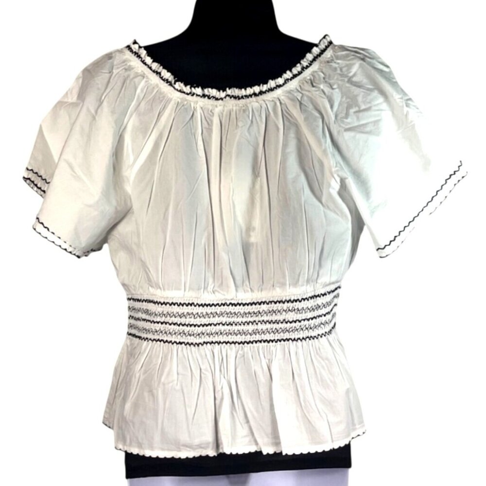 Kensie Womens White Peplum Top W Smocked Waist & Ruffled Neckline XL 16 NWT - Picture 2 of 8